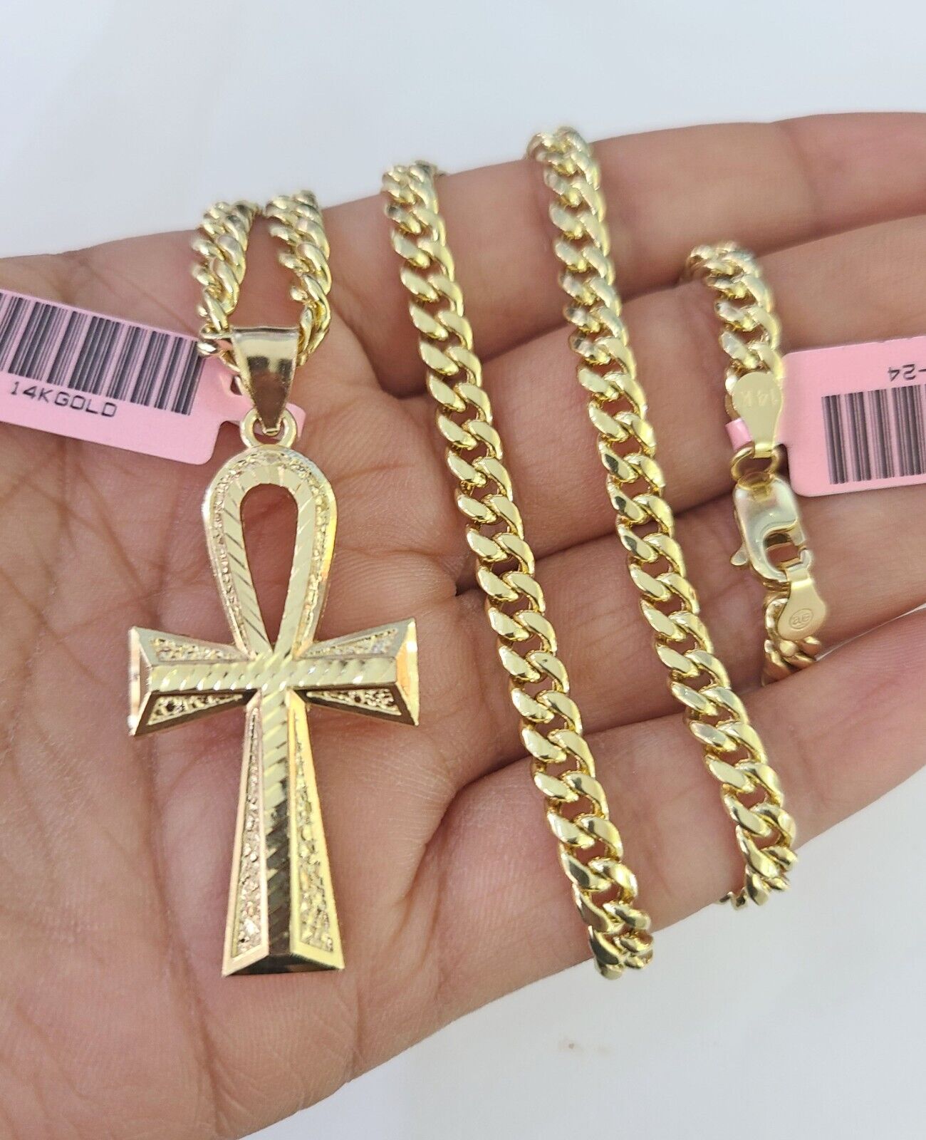 Real 14k Gold Chain Ankh Cross Pendant Set 14kt Miami Cuban Link Chain 5mm Charm