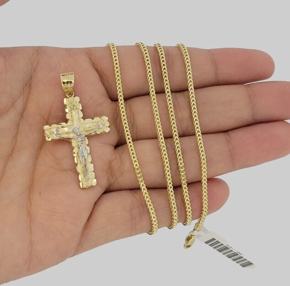 10k Gold Franco Chain Jesus Crucifix Cross Charm Pendant 2mm 16-24 Inch Necklace