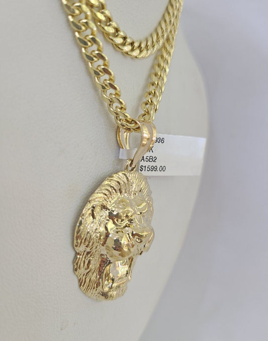 10k Gold Chain Roaring Lion Pendant Set Miami Cuban link Necklace 5mm 20"-30"