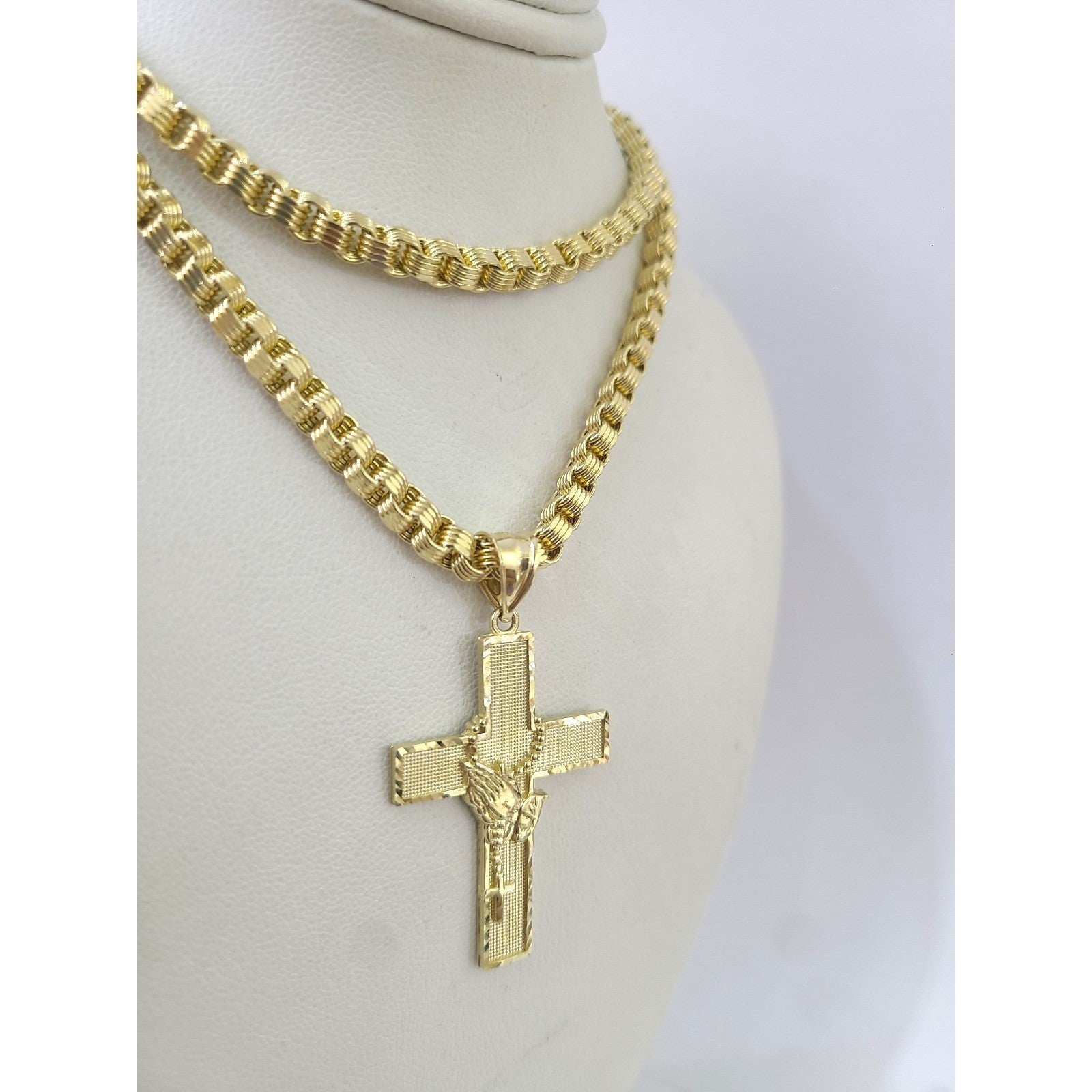 10K Gold 4mm Byzantine Chain Praying Hands Cross Charm Set 18