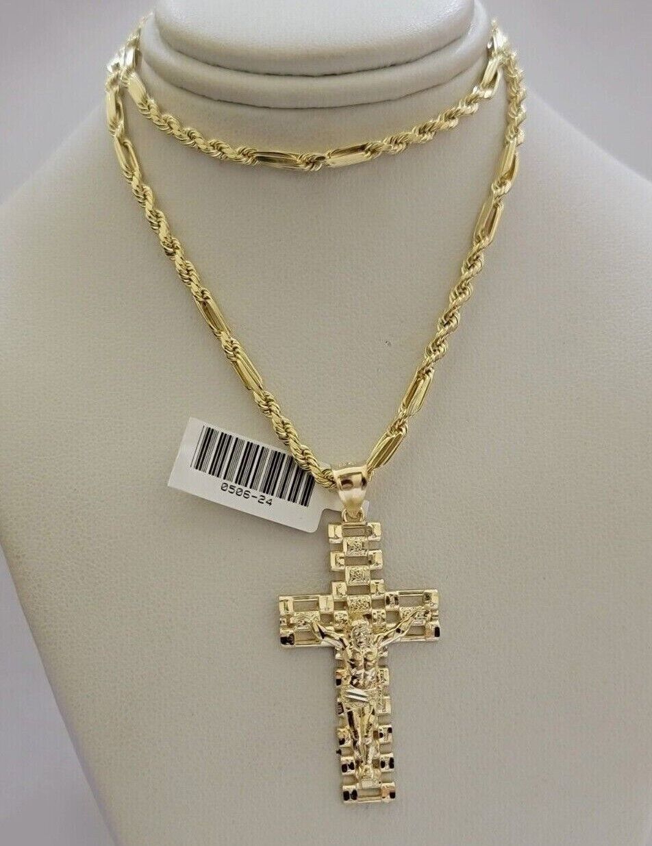 10k Gold Milano Rope Chain Jesus Cross Charm Pendant Set 18-24'' Inches Necklace