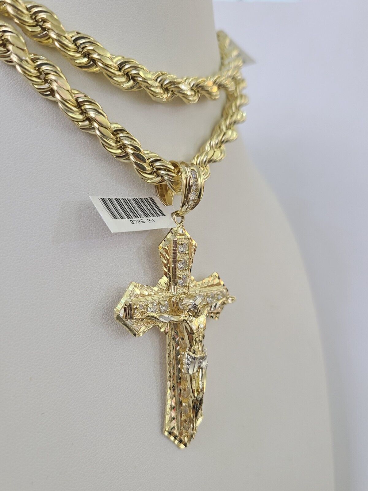 10k Yellow Gold Rope Chain Jesus Cross Charm Pendant 18-30'' Inch 8mm  Necklace