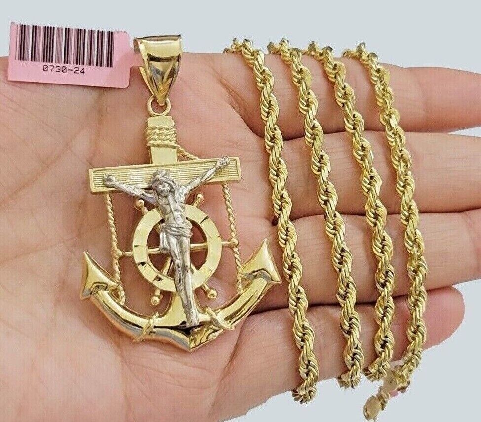 Real 14k Solid Gold Rope Chain Necklace Jesus Anchor Charm Pendant 30 Inches 4mm