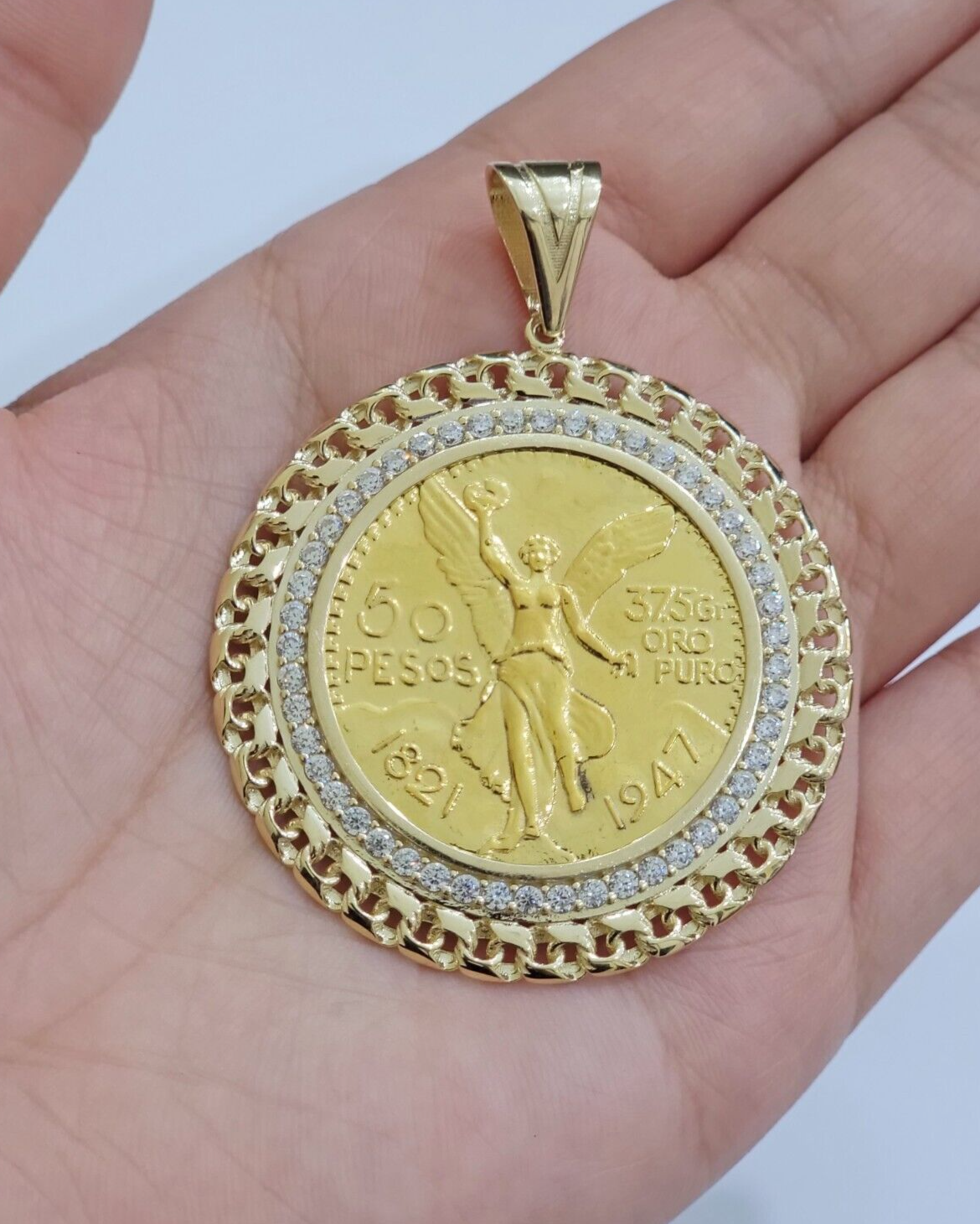 1947 Mexican Centenario Coin Charm Pendant Replica 50 Pesos With Bezel 10kt Gold