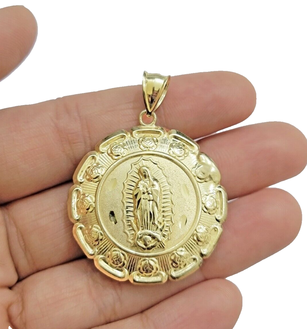 Real 10k Jesus Virgin Mary Charm Pendant Yellow Gold 1.8 Inch Chain Necklace New