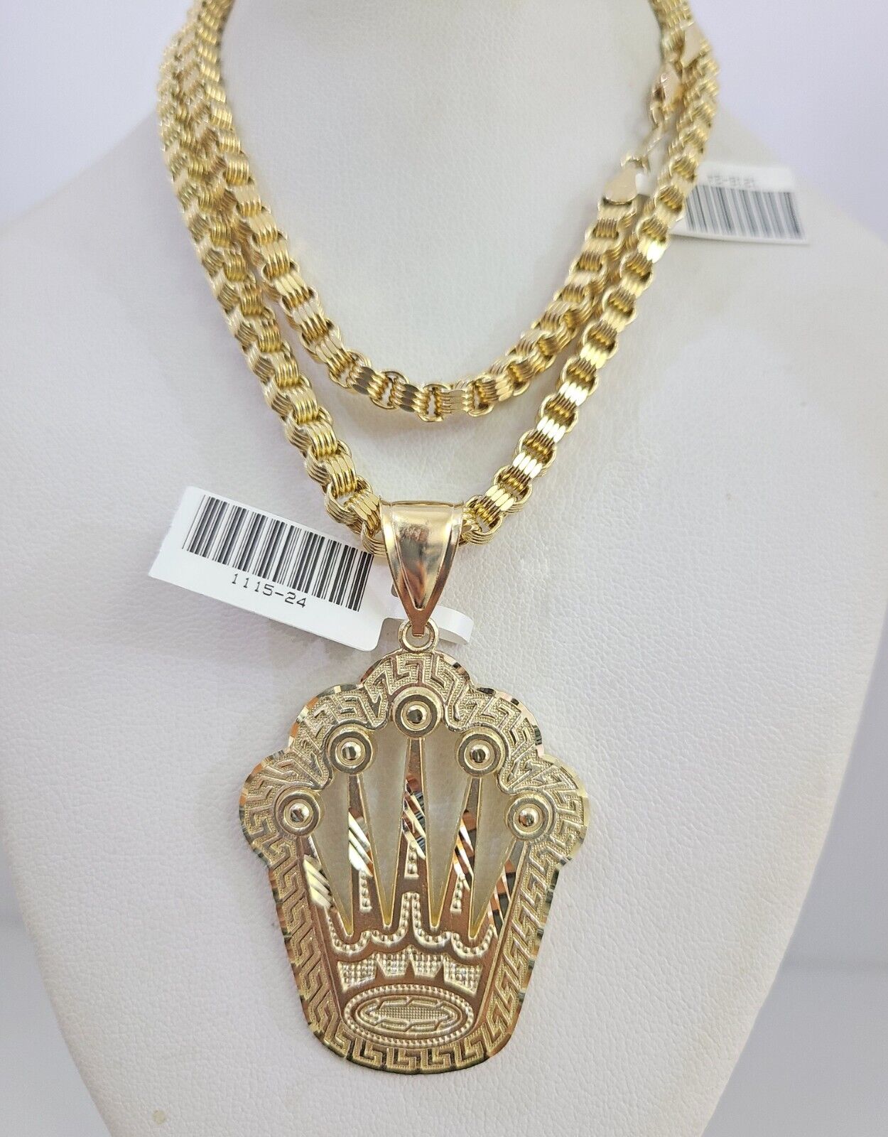 Real 10k Gold Byzantine Necklace Crown Charm SET Chain 20"-28" 4mm