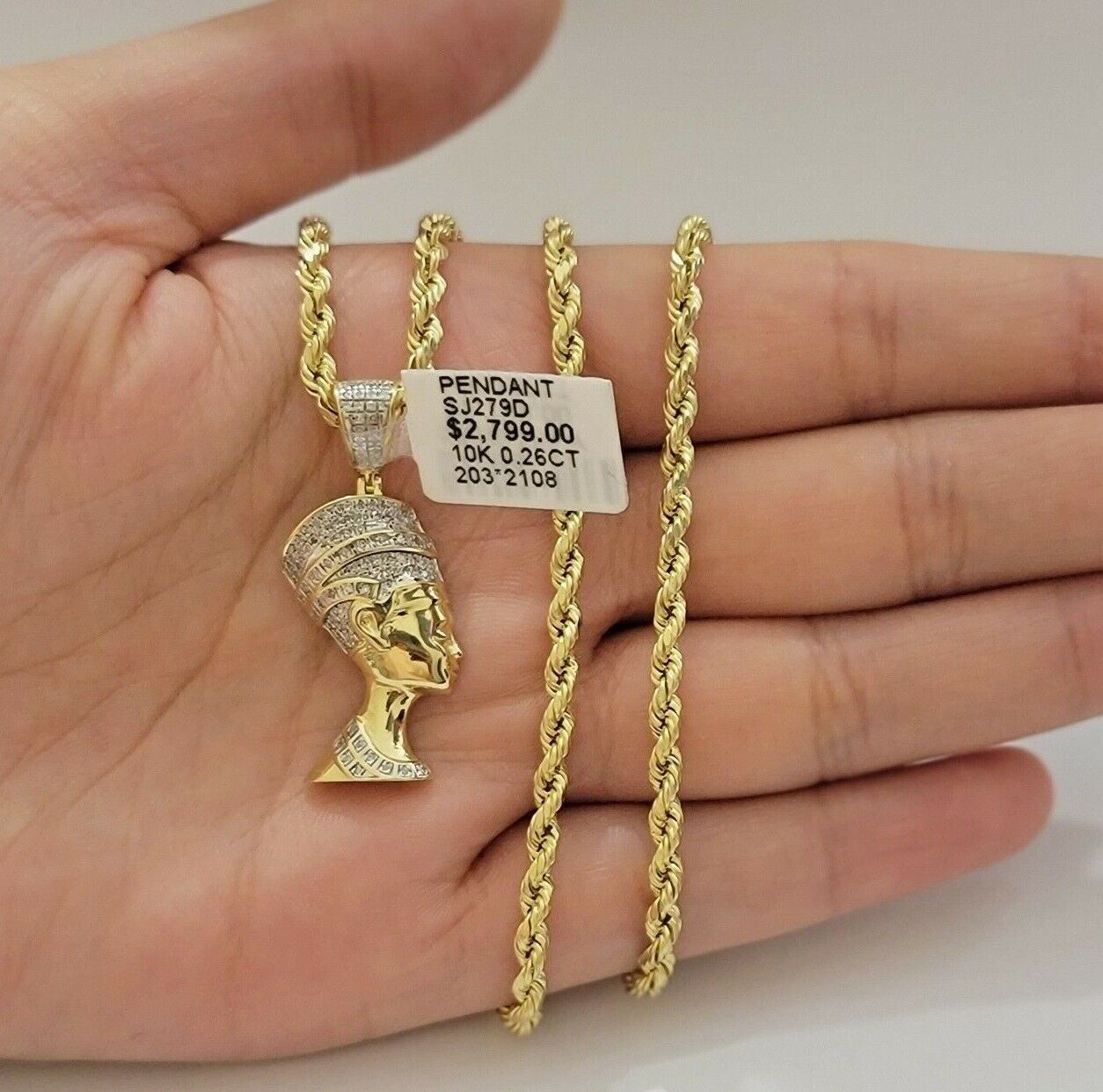 REAL 10k Gold Rope Chain Diamond Pendant Pharaoh Head SET 3mm Necklace 18