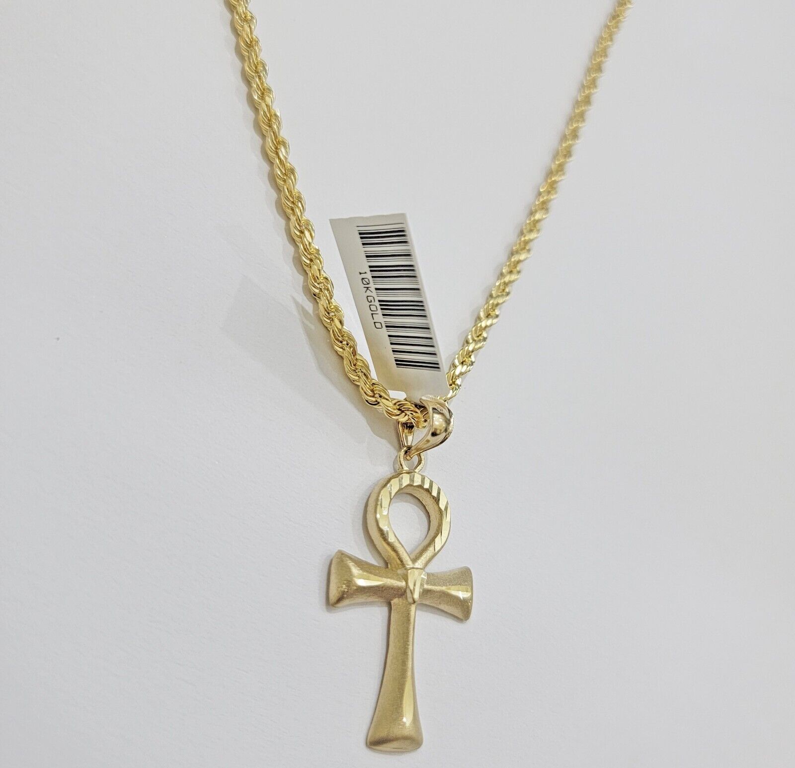 10k Gold Rope Chain Ankh Cross Charm Pendant Set 18