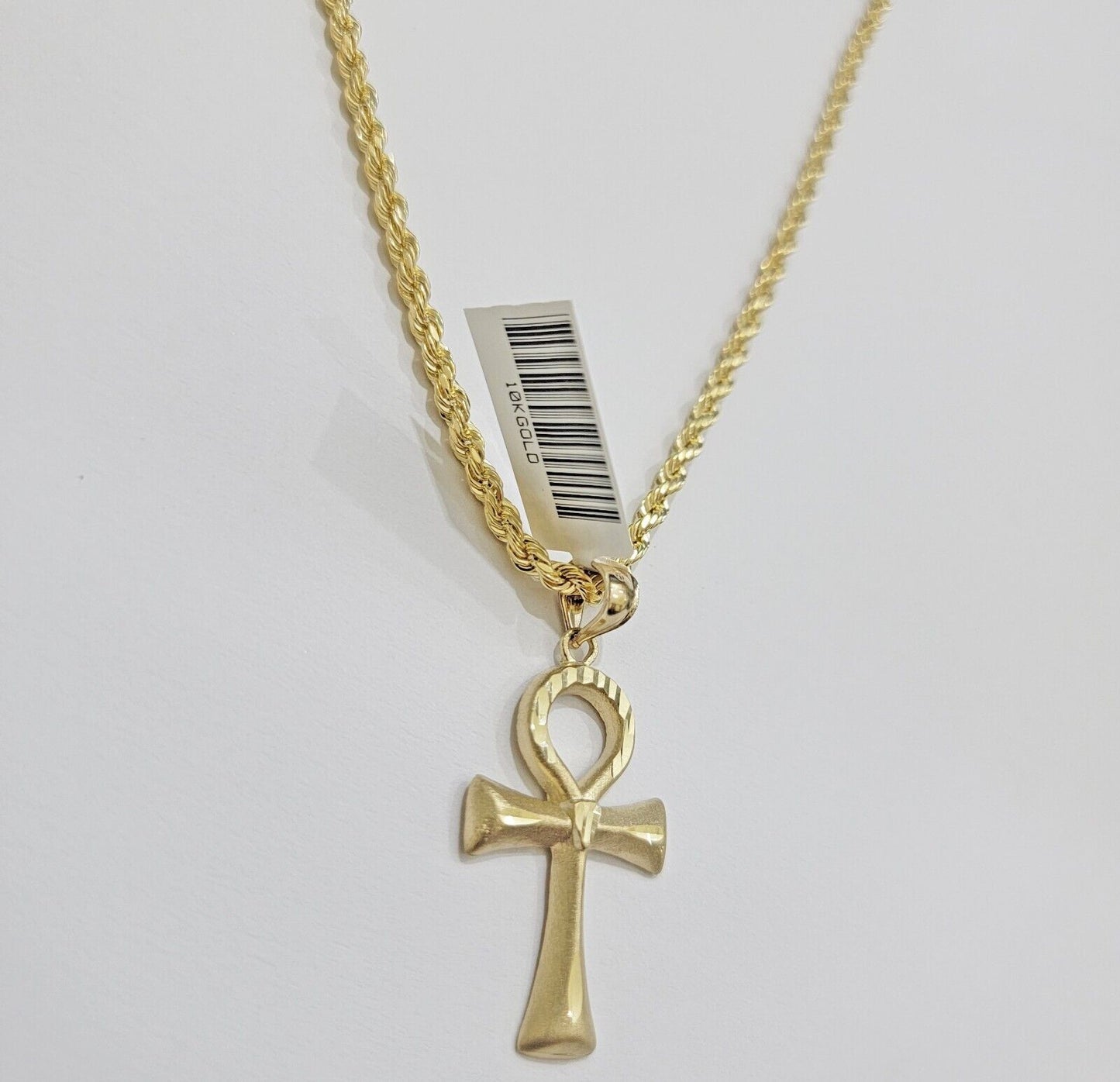 10k Gold Rope Chain Ankh Cross Charm Pendant Set 18"-28" inch 3mm Necklace, REAL