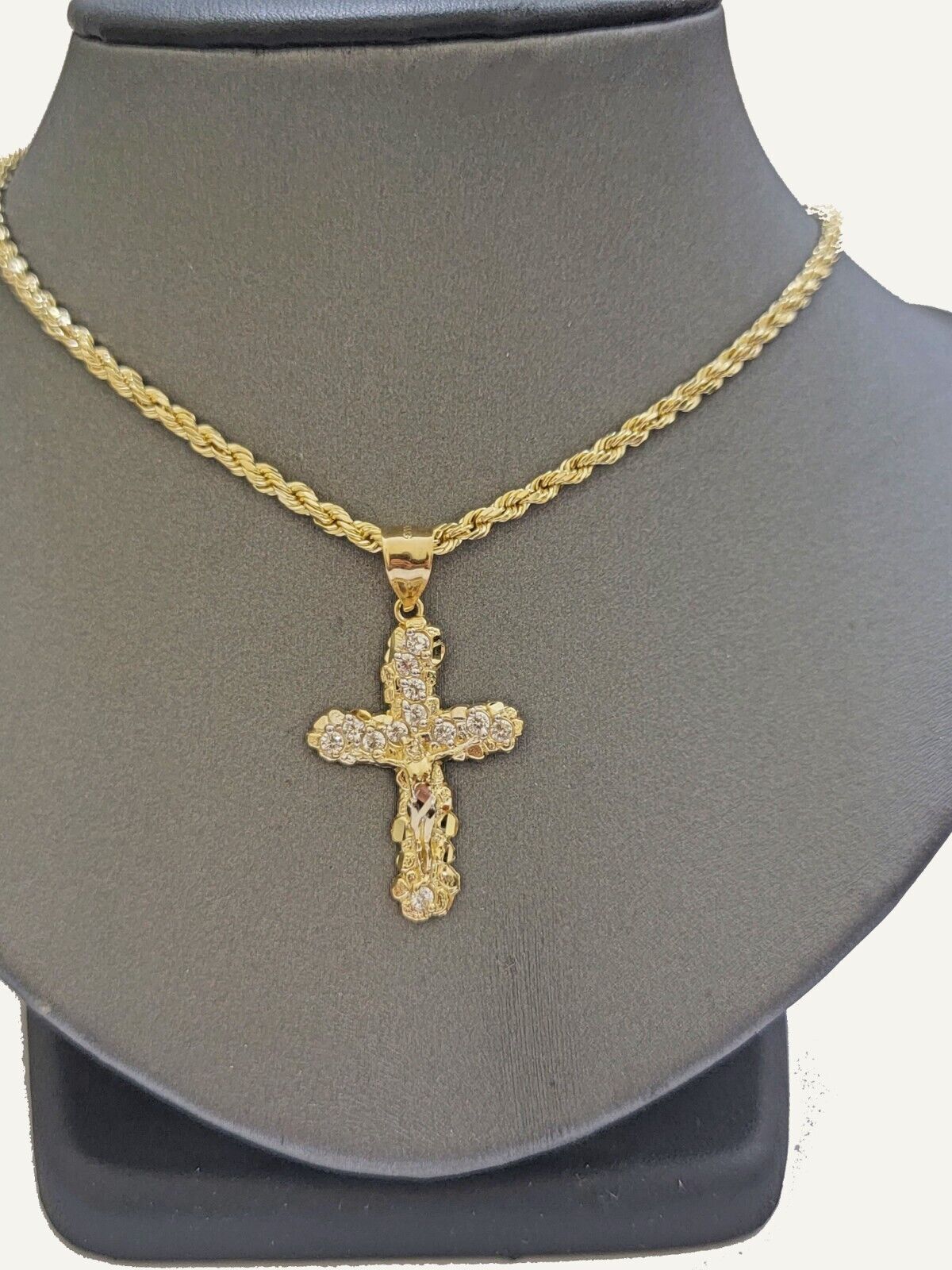 10k Gold Rope Chain Jesus Cross Charm Pendant Set 18-28" inch 3mm Necklace, REAL