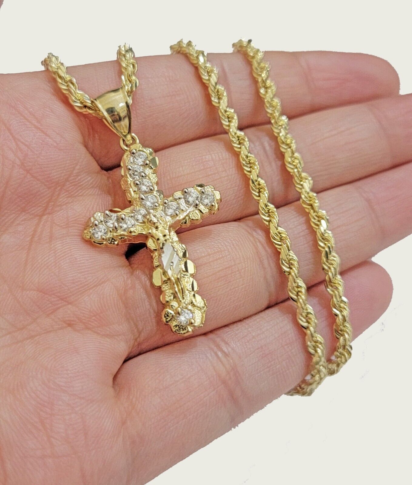 10k Gold Rope Chain Jesus Cross Charm Pendant Set 18-28
