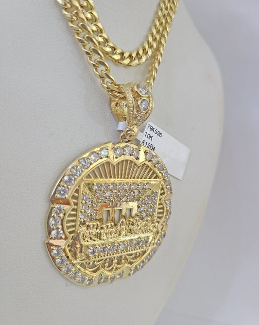 10k Gold Chain Last Supper Pendant Set Miami Cuban link Necklace 5mm 20-30 Inch