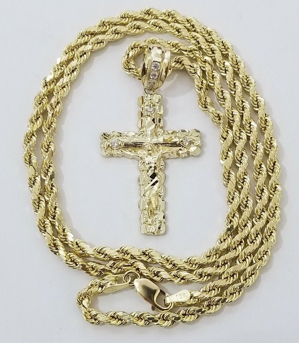 14k Gold Rope Chain Necklace Cross Charm Pendant Set 16-28