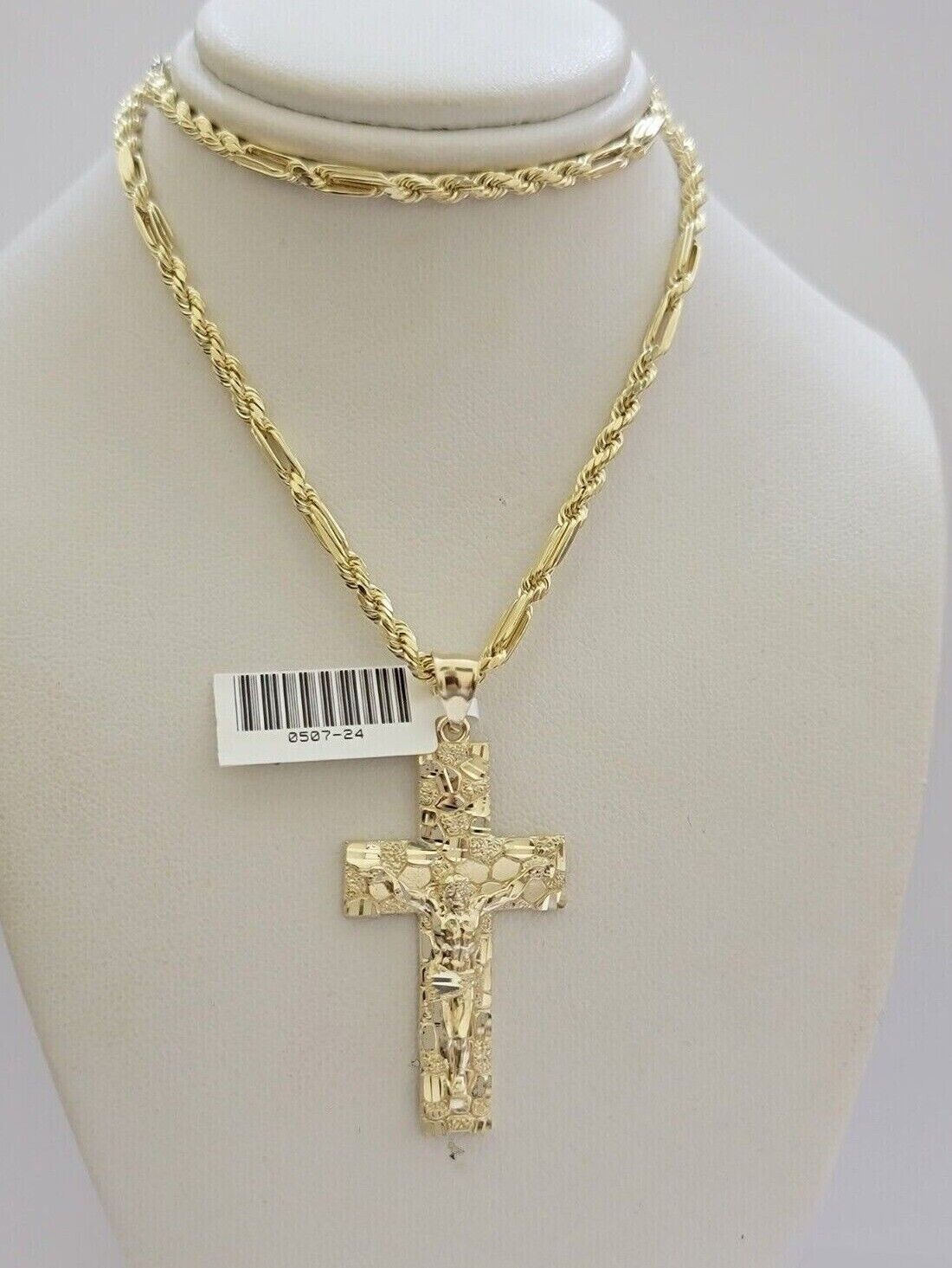 10kt Gold Milano Rope Chain Nugget Cross Charm Pendant Set 18-24'' Inch Necklace