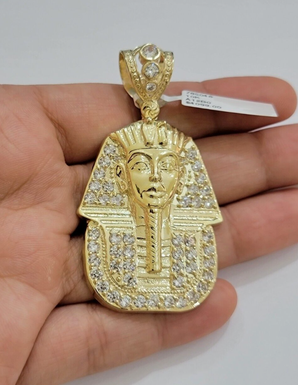 Real 10kt Pharoah Charm Pendant CZ 10k Yellow Gold For Chain Necklace 2.2'' SALE