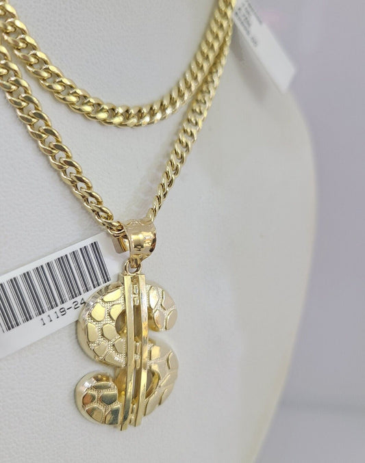 10k Gold Chain Dollar Pendant Set Miami Cuban Necklace 4mm 18"-26" Charm