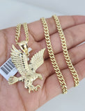 10k Gold Chain Flying Eagle Pendant Set Miami Cuban Necklace 4mm 18"-26" Charm