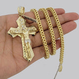 10k Yellow Gold Franco Chain Necklace Jesus Cross Charm Pendant 5mm 20-26 Inches