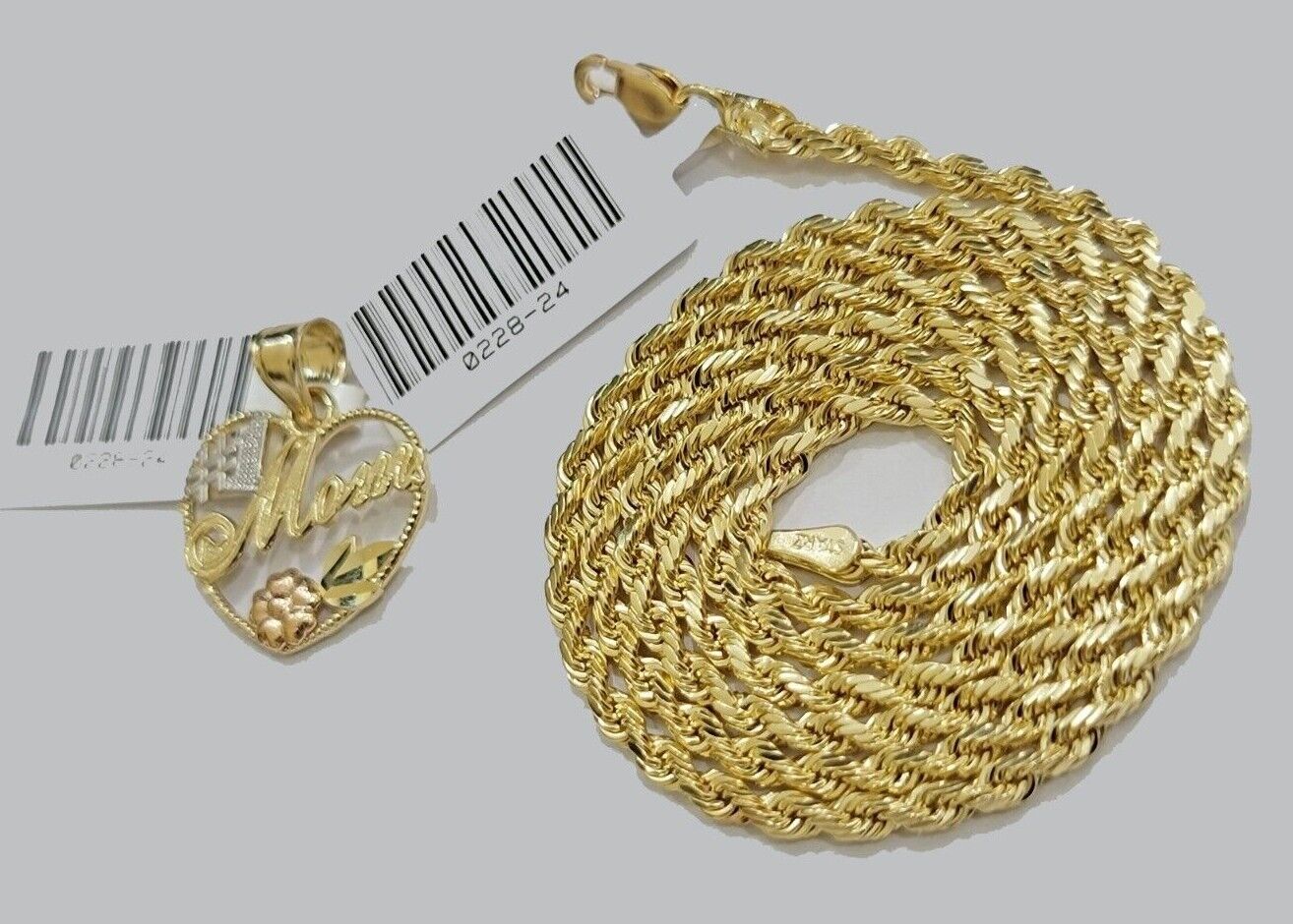 10k Gold Rope Chain Mom Heart Charm Pendant Set 16-28'' Inch 2.5mm Necklace REAL