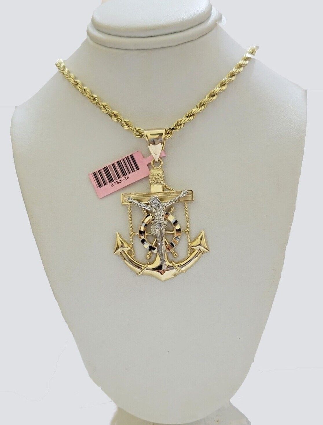 Solid 14k Gold Rope Chain Necklace Jesus Anchor Charm Pendant  20-30