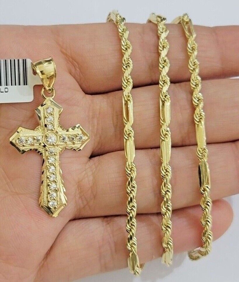 10kt Gold Milano Rope Chain Jesus Cross Charm Pendant Set 18-24'' Inch Necklace