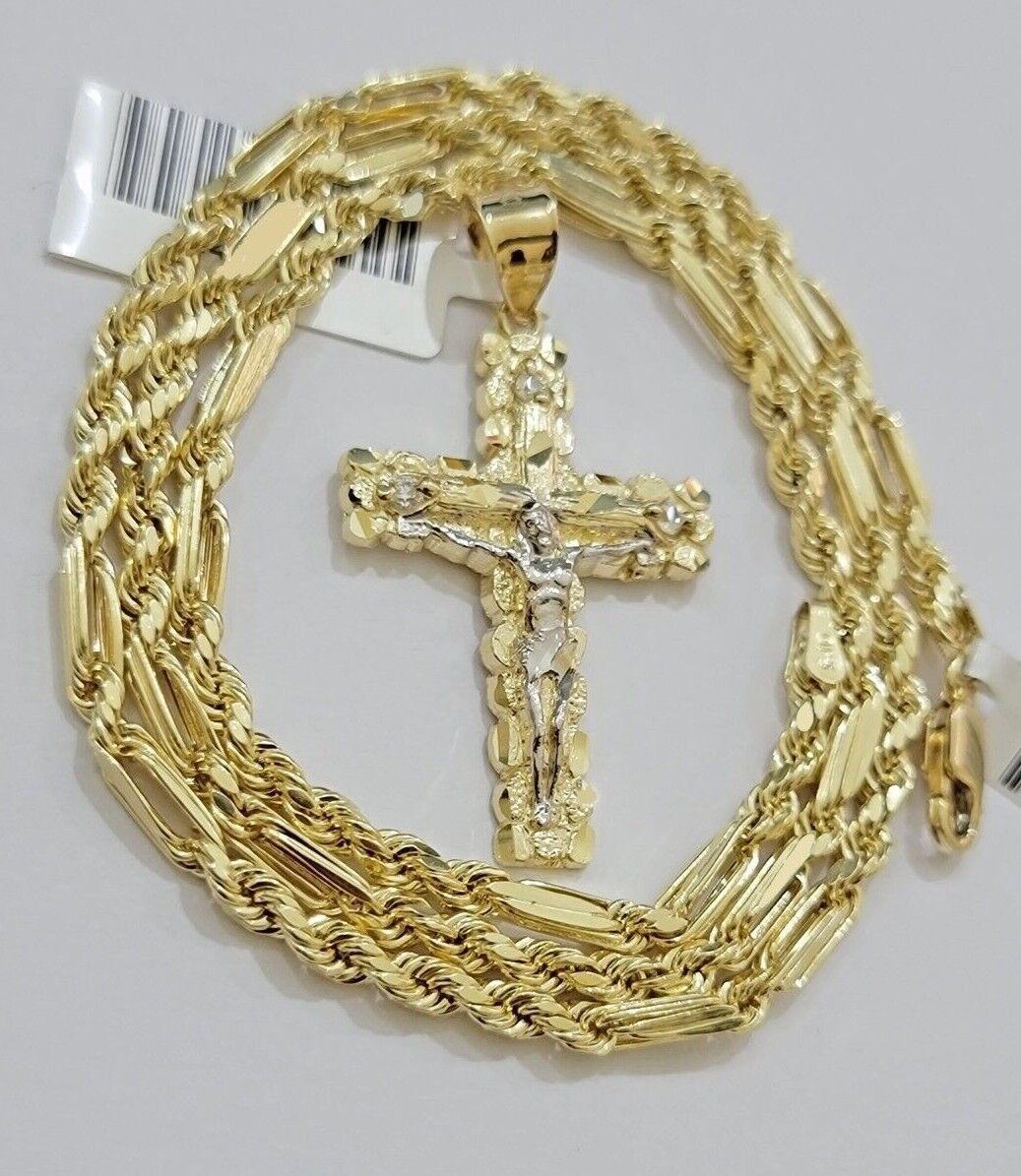 10kt Gold Milano Rope Chain Cross Charm Pendant Set 18-24 Inch 3mm Necklace REAL