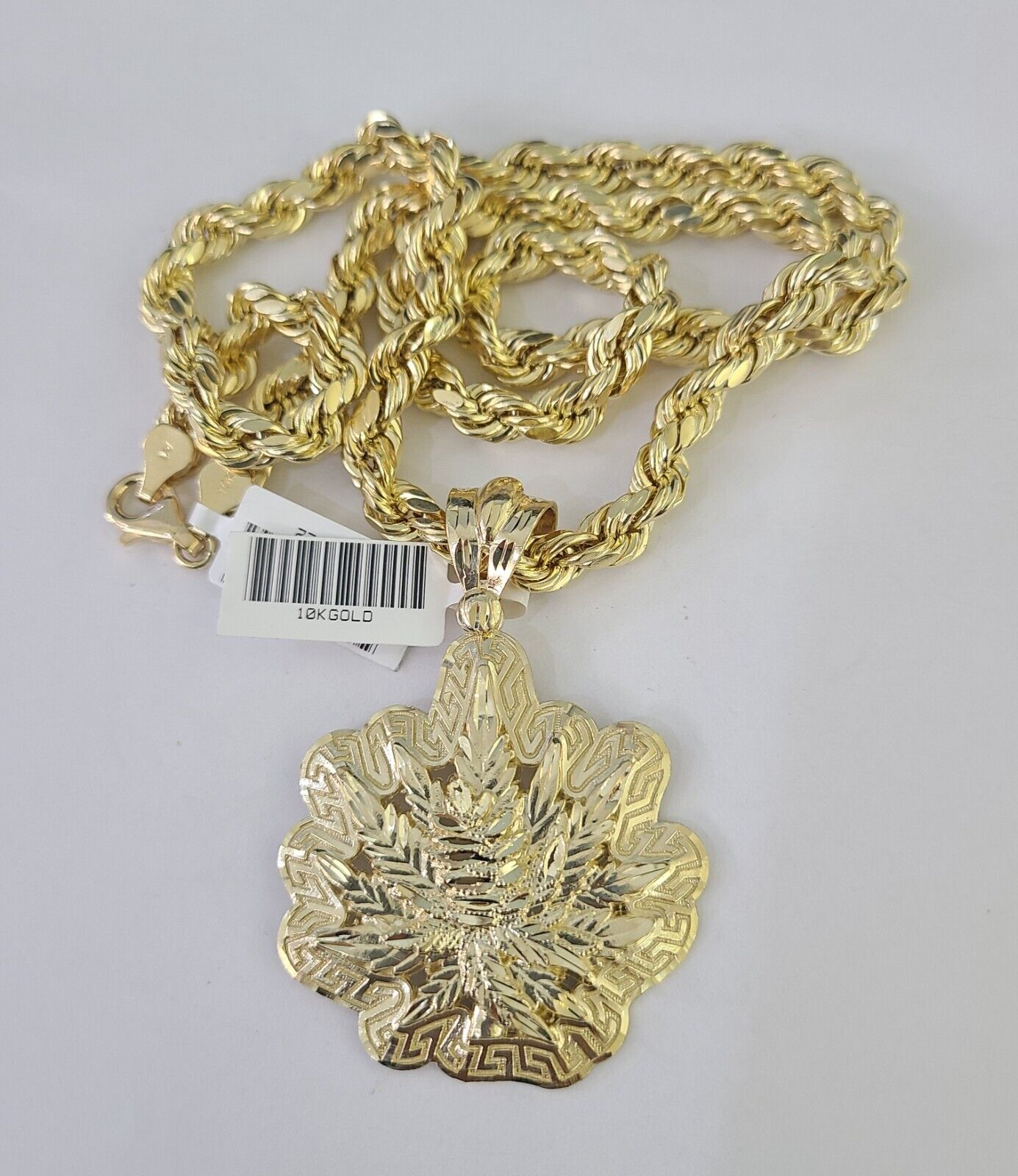 10k Yellow Gold Rope Chain Weed leaf Charm Pendant 18-30'' Inch 7mm  Necklace