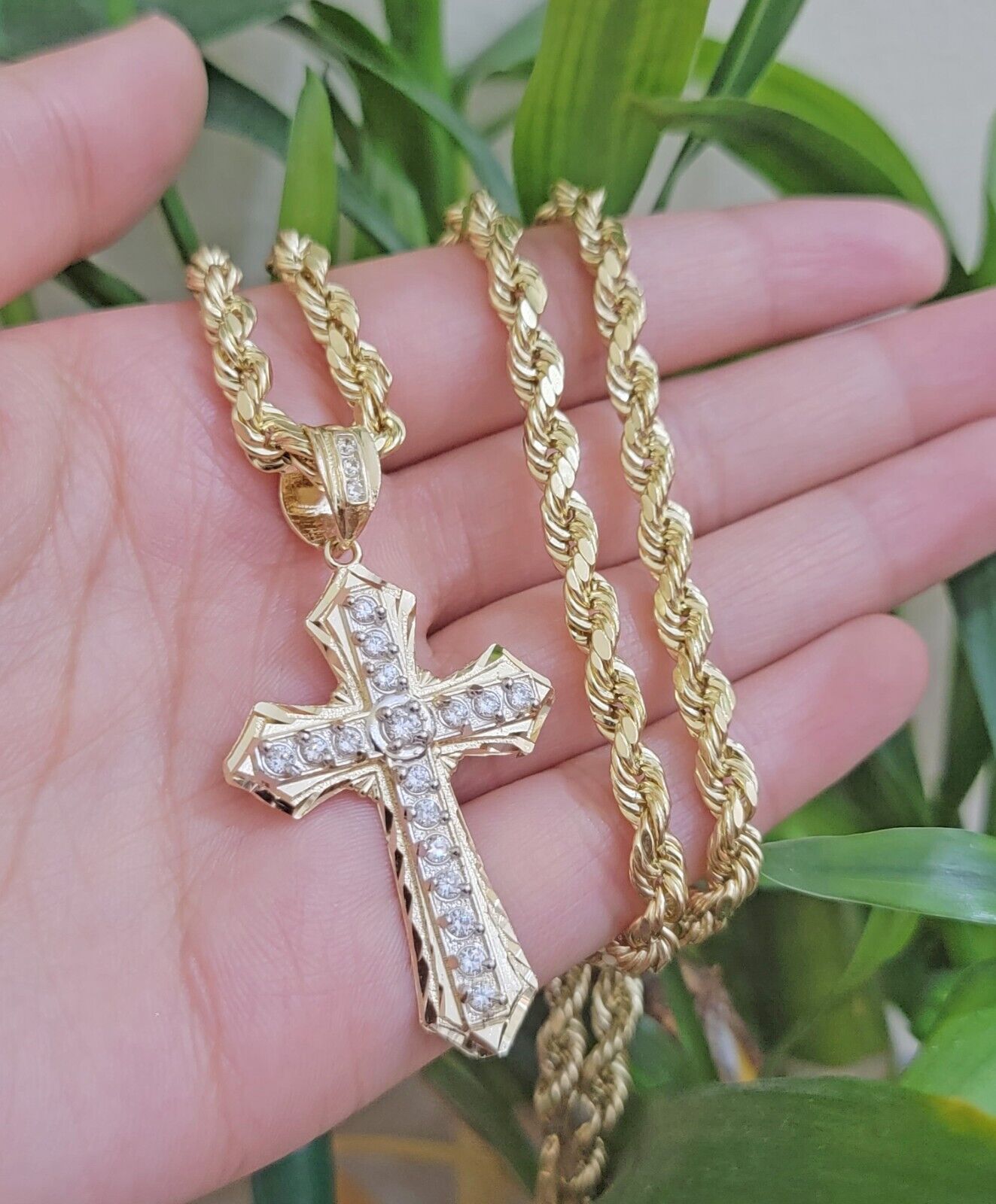 10k Gold Rope Chain Necklace Cross Charm Pendant Set 18-28" inch 5mm, REAL 14kt