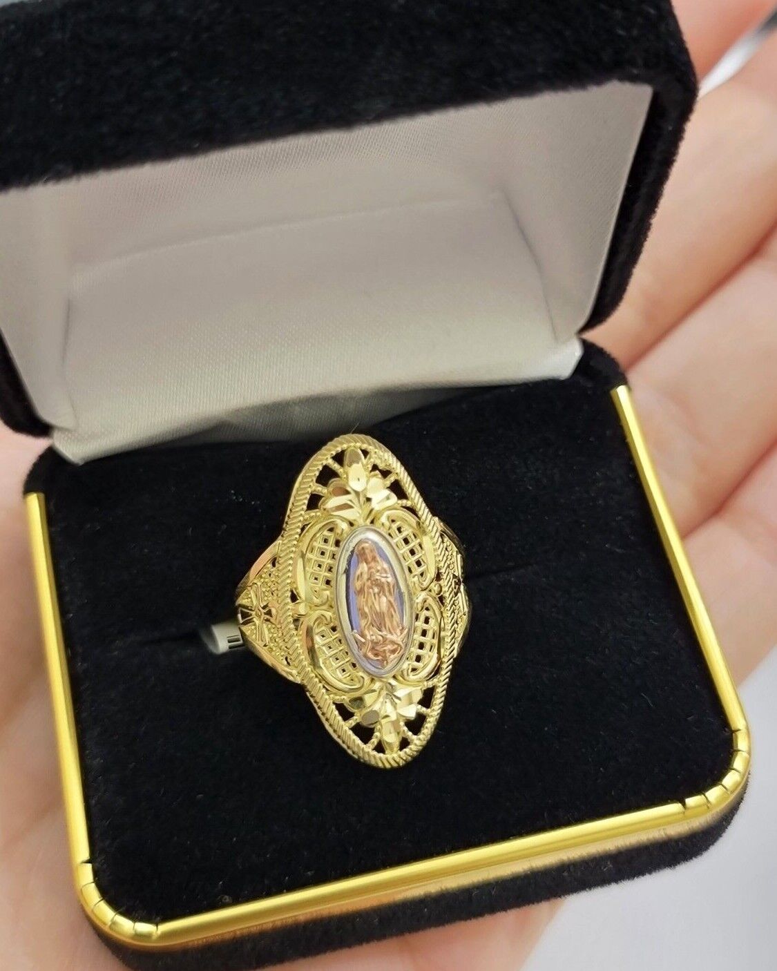 Ladies Ring 10k Yellow Gold Virgin Mary Cross 10KT REAL Gold Unique Size 5.5 END