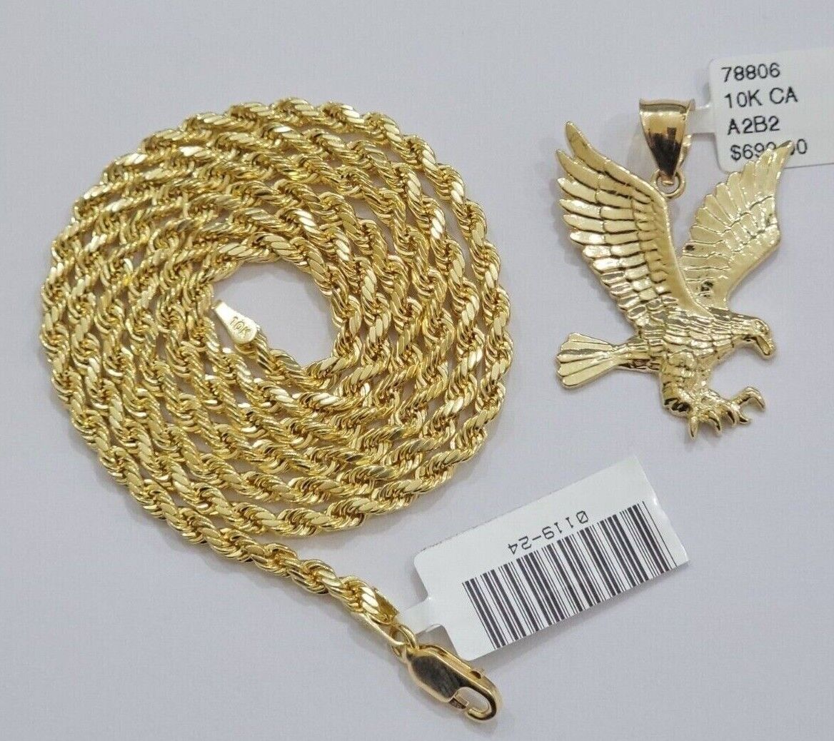 10k Yellow Gold Rope Chain Eagle Charm Pendant Set 18