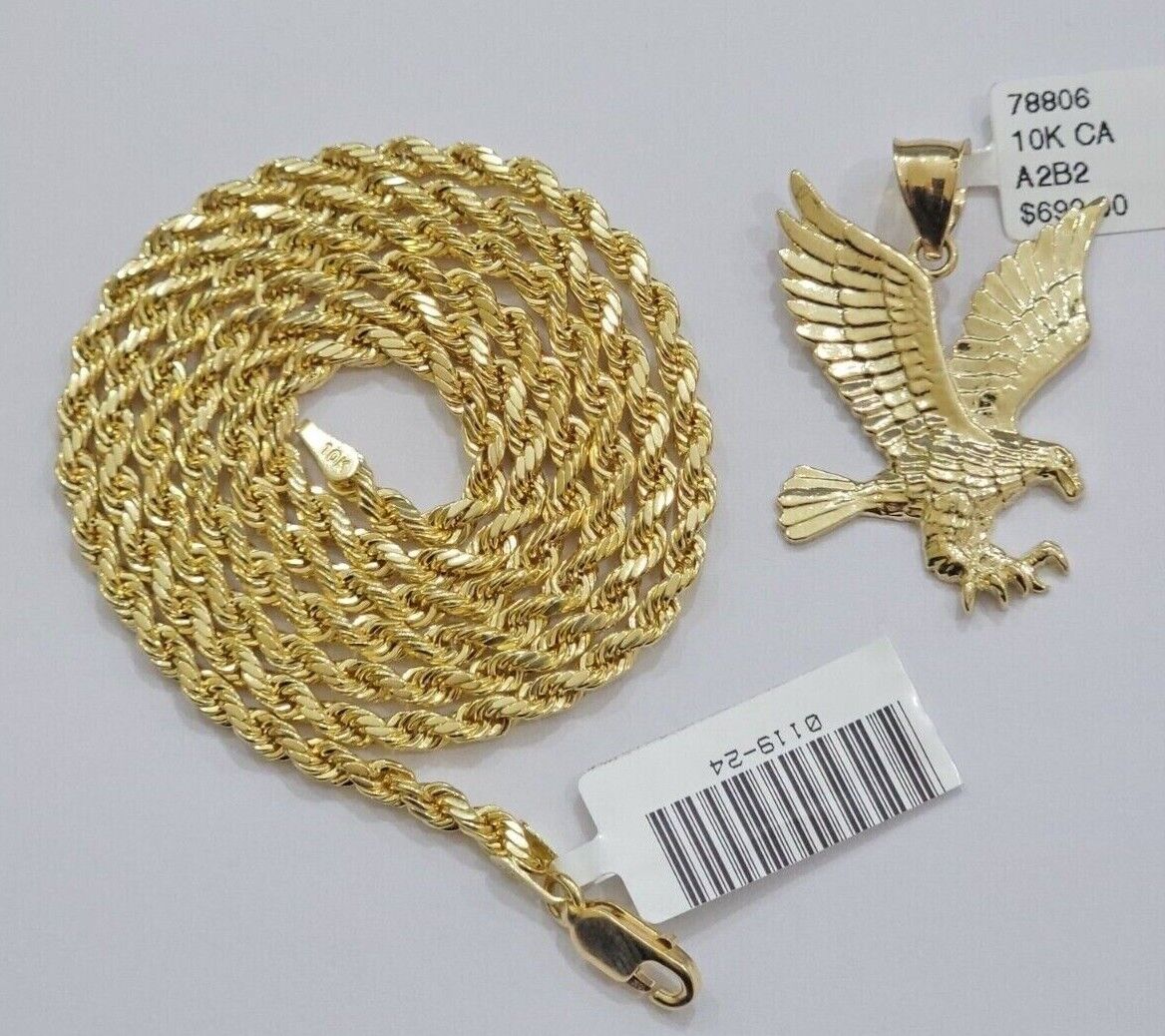 10k Yellow Gold Rope Chain Eagle Charm Pendant Set 18"-28 Inch 3mm Necklace REAL
