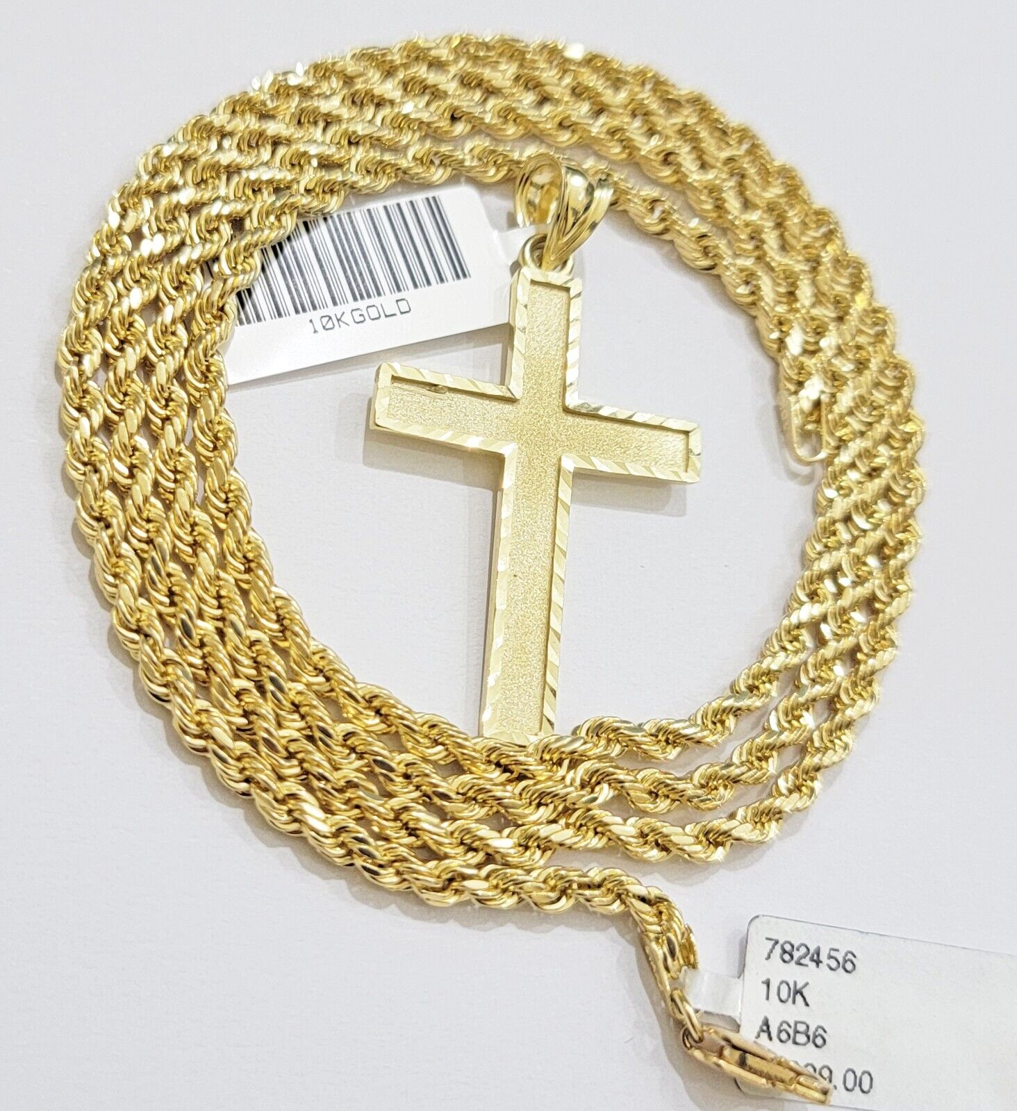 10k Gold Rope Chain Cross Charm Pendant Set 18
