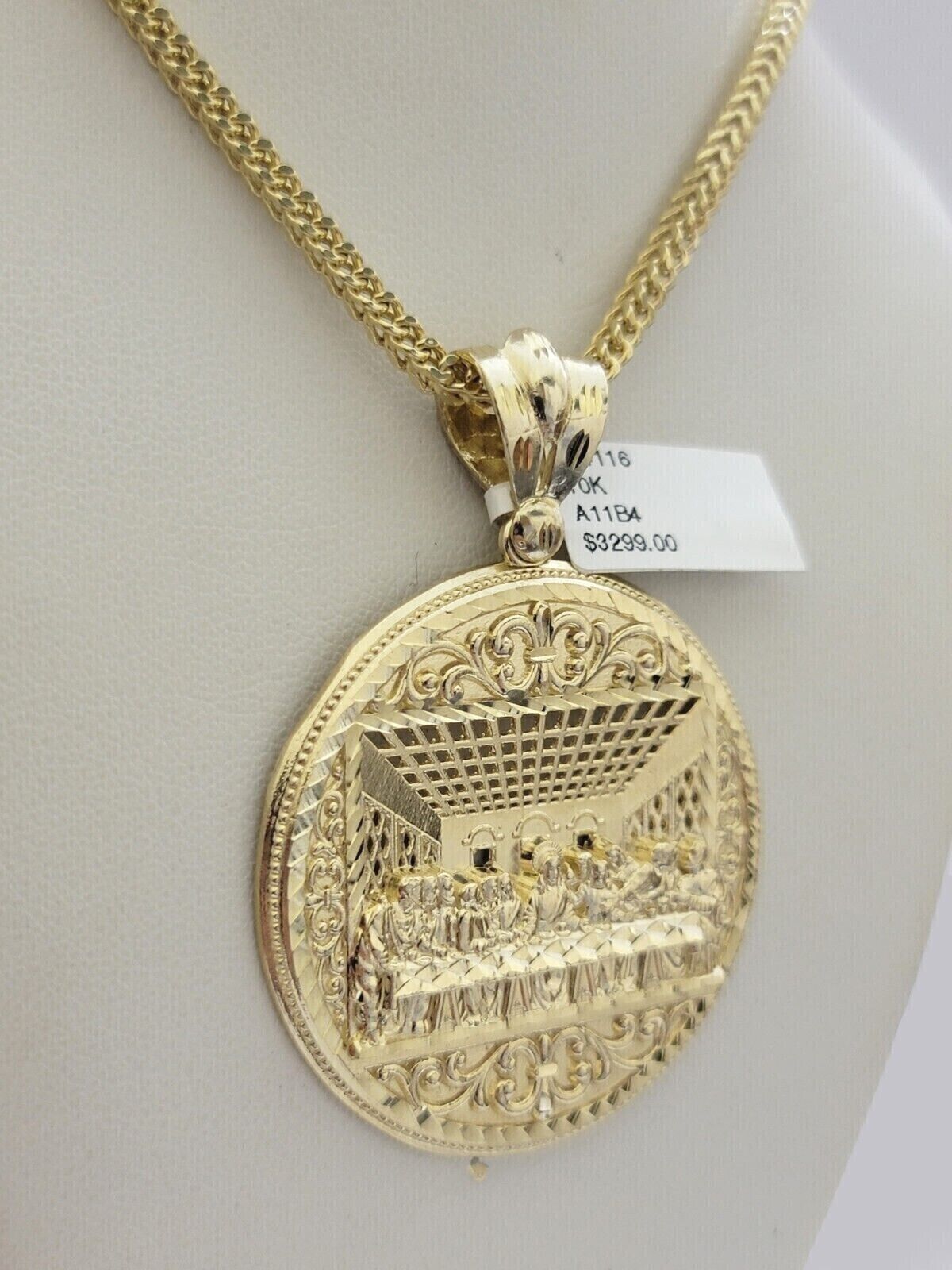 10k Yellow Gold Franco Chain Necklace Last Supper Charm Pendant 3mm 24