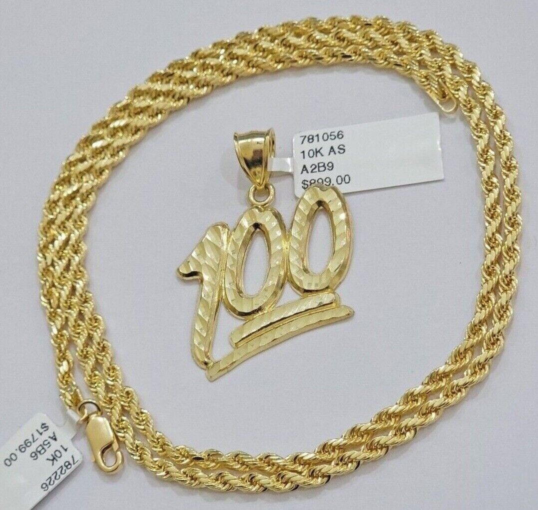 10k Yellow Gold Rope Chain 100 Charm Pendant Set 18"-28 Inch 3mm Necklace REAL