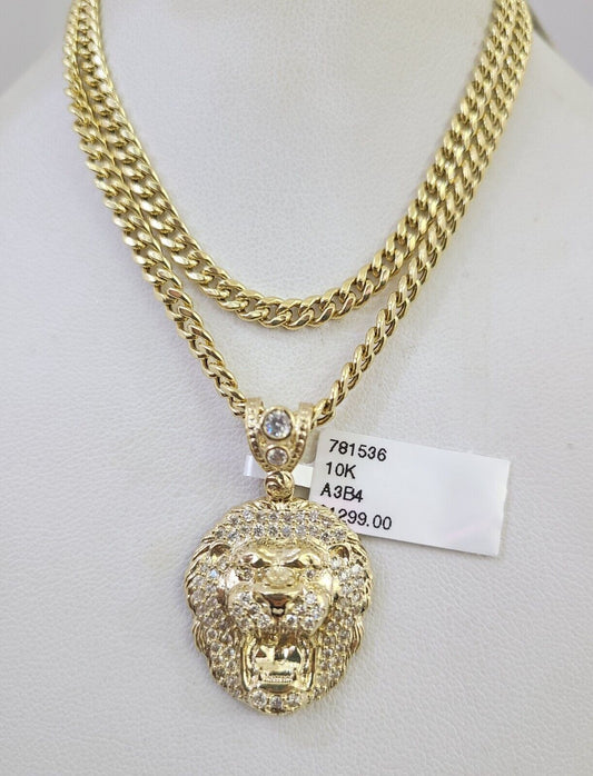 10k Gold Chain Lion Pendant Set Miami Cuban Necklace 4mm 18"-26" Charm