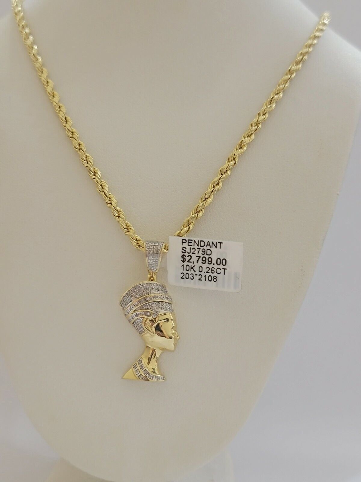 REAL 10k Gold Rope Chain Diamond Pendant Pharaoh Head SET 3mm Necklace 18