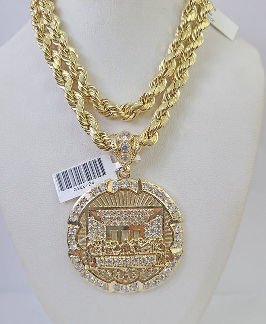 10k Yellow Gold Rope Chain Last Supper Charm Pendant 18-30'' Inch 7mm  Necklace