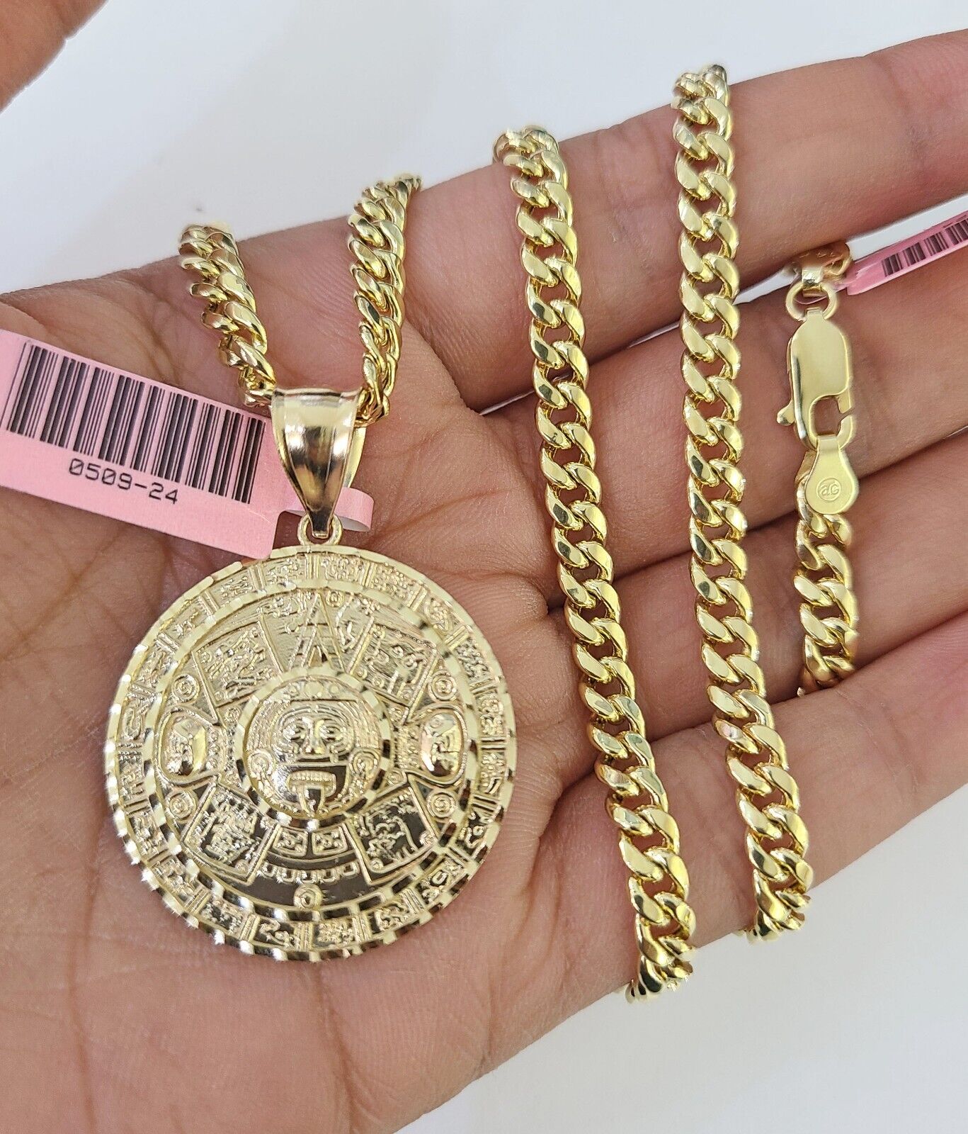 Real 14k Gold Chain Mayan Calendar Set 14kt Miami Cuban Link Chain 5mm Charm