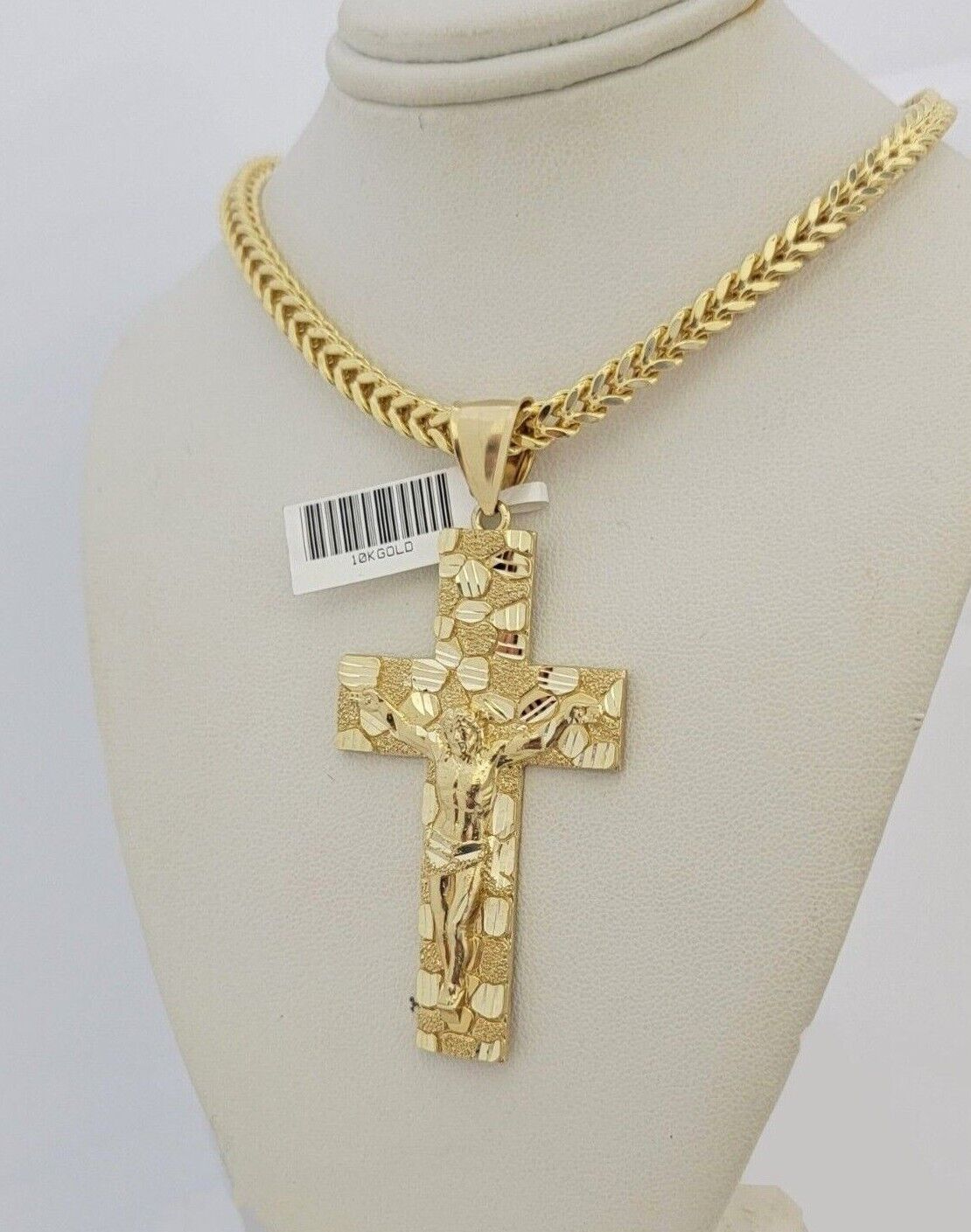 10kt Yellow Gold Franco Chain Necklace Nugget Cross Charm Pendant 5mm 20-26 Inch