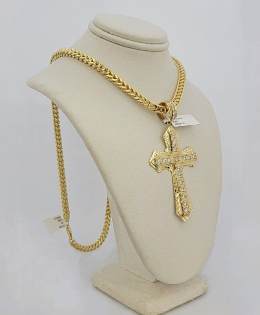 10k Yellow Gold Franco Chain Jesus Cross Charm Pendant 5mm 20-26 Inches Necklace