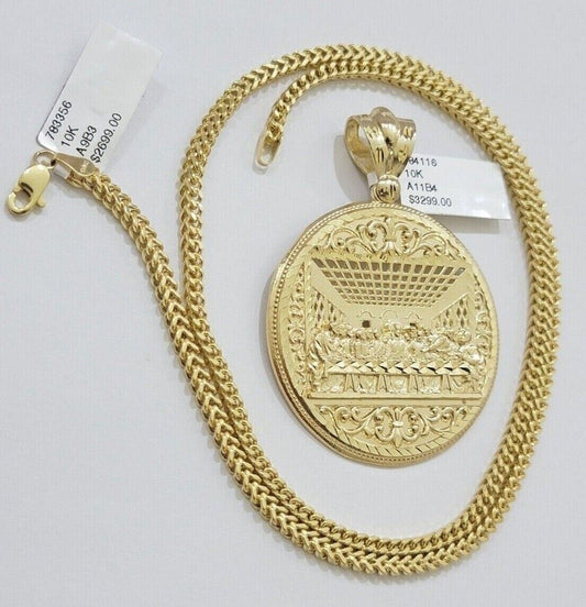 10kt Yellow Gold Franco Chain Necklace Last Supper Charm Pendant 3mm 18"Inch 10k