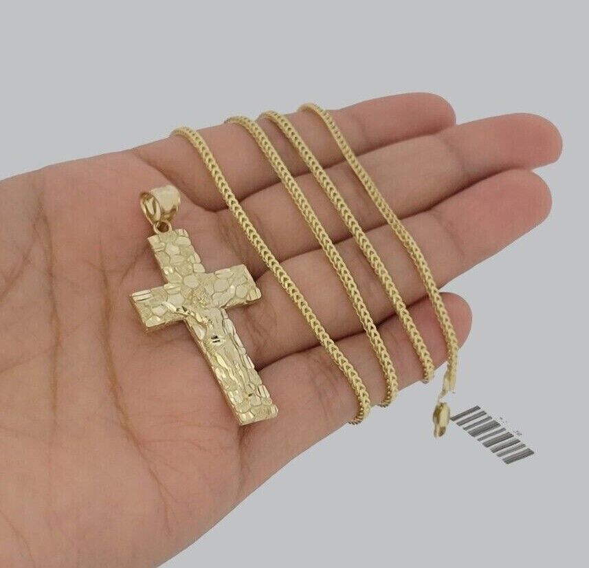 10k Gold Franco Chain Jesus Nugget Cross Charm Pendant 2mm 16-24 Inches Necklace