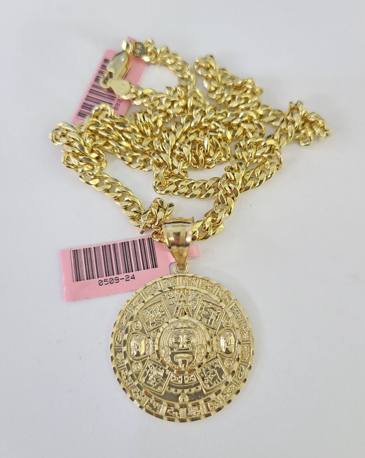 Real 14k Gold Chain Mayan Calendar Set 14kt Miami Cuban Link Chain 5mm Charm