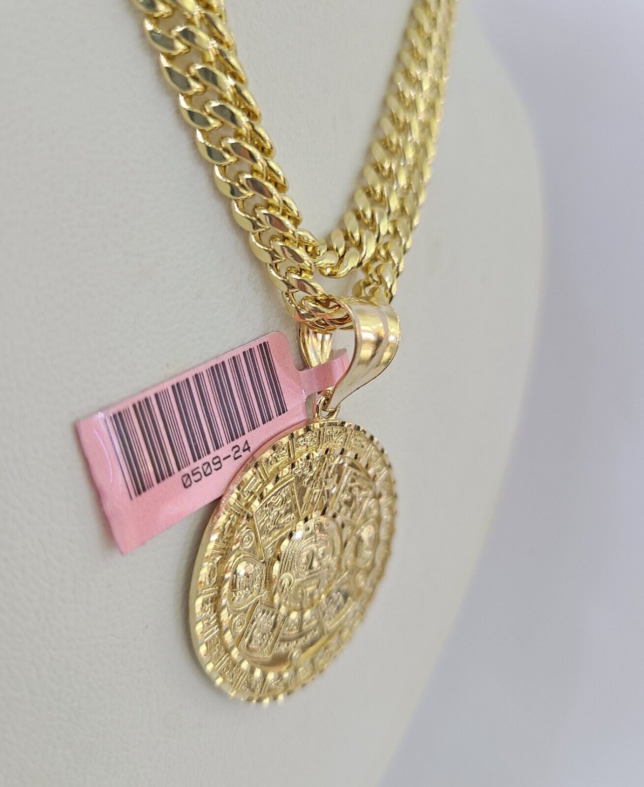 Real 14k Gold Chain Mayan Calendar Set 14kt Miami Cuban Link Chain 5mm Charm