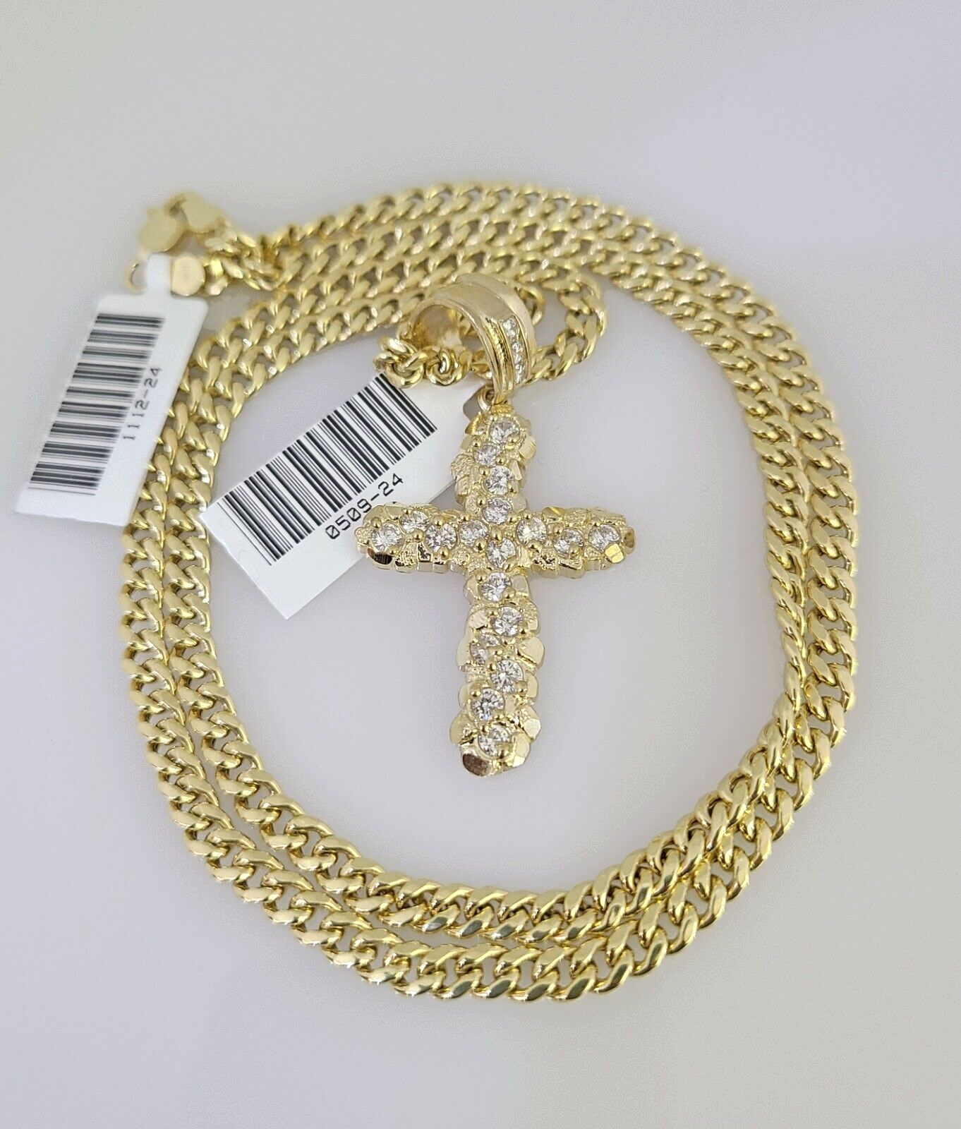 10k Gold Chain Jesus Cross Pendant Set Miami Cuban Necklace 4mm 18"-26" Charm