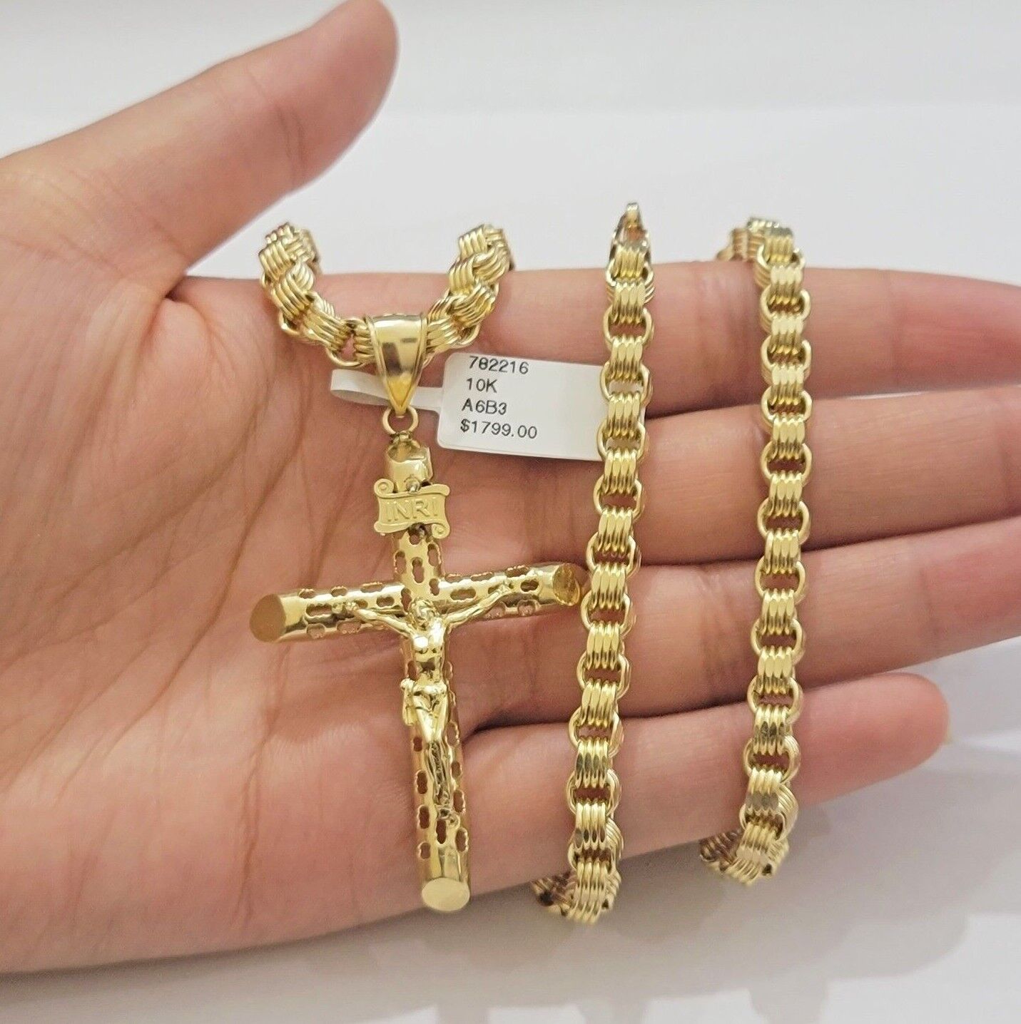 Byzantine chain and Cross charm pendant 10k Yellow Gold set 5mm Necklace 20