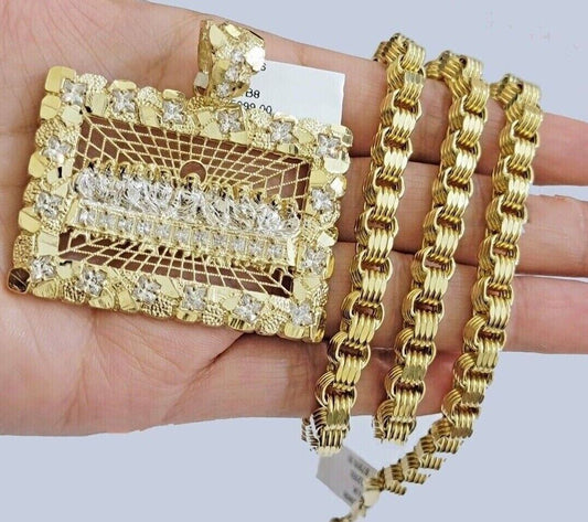 10k Real Gold Box Byzantine Necklace Last Supper Charm Pendant Chain 6mm 24 Inch