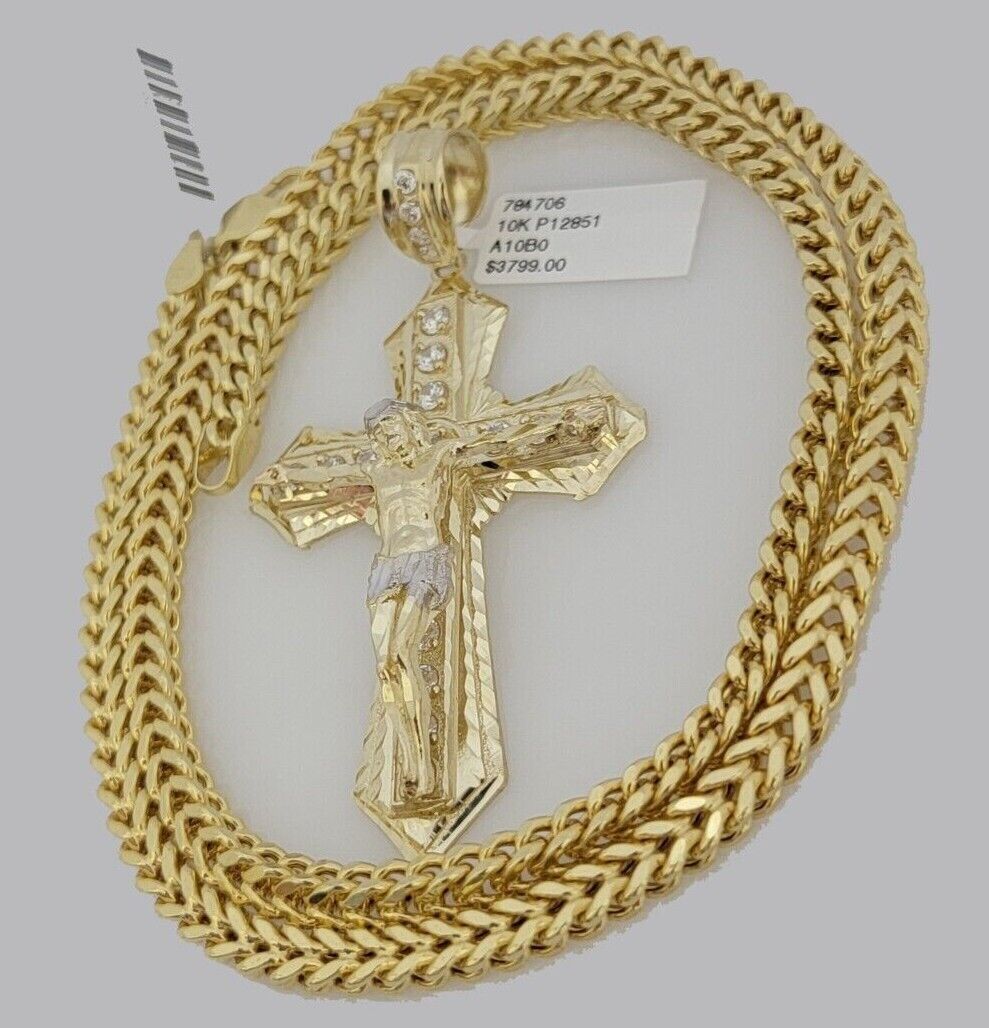 10k Yellow Gold Franco Chain Necklace Jesus Cross Charm Pendant 5mm 20-26 Inches