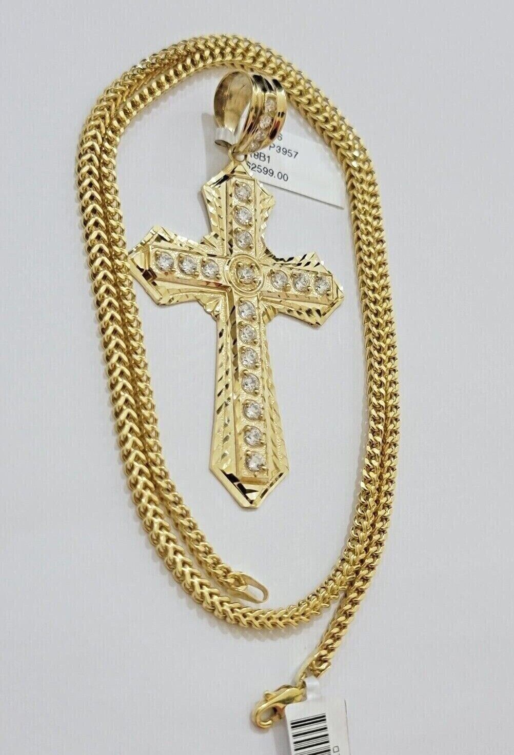 10k Yellow Gold Franco Chain Necklace Jesus Cross Charm Pendant 3mm 18-26 Inches