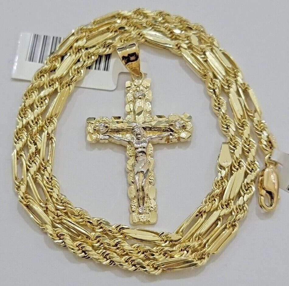 10kt Gold Milano Rope Chain Cross Charm Pendant Set 18-24 Inch 3mm Necklace REAL